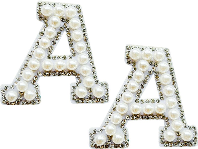 SOYCEV 2PCS White Pearl Iron on Rhinestone & Sequin Letter Patches - Sparkly Letter Patches for Backpacks & Clothing (A) - Image 1